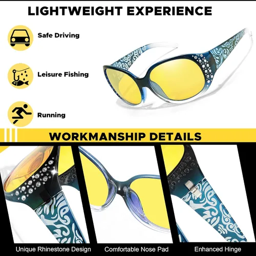 Vista 21 de LVIOE Gafas de conducción de visión nocturna envolventes antirreflejos con lente amarilla polarizada para mujer