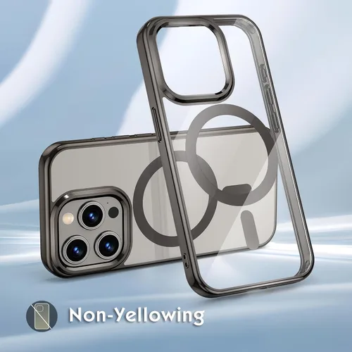 Vista 6 de Compatible con iPhone 15 Pro, funda magnética de lujo con borde galvanizado transparente, carcasa dura delgada, nunca amarilla, funda protectora