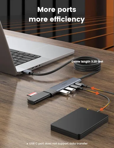 Vista 4 de MOGOOD Hub USB 3.0, divisor USB de 5 puertos para portátil y PC, adaptador USB de aluminio con cable trenzado de 35.4 in, transferencia rápida de 5