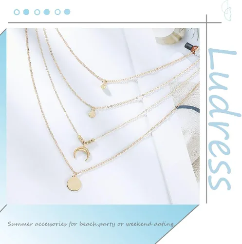 Vista 3 de Ludress - Collares dorados de diseño escalonado, con dijes de diamante de imitación, mariposa, luna y gargantilla accesorios de joyería para mujeres