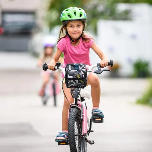 Vista 7 de Cesta de bicicleta para niños, accesorio de decoración de bicicleta delantera de camuflaje para adultos y niños, organizador de bolsa de manillar