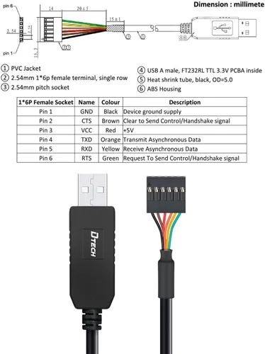 Vista 3 de DTECH Cable serie USB a TTL de 6 pies 3.3 V 6 pines UART adaptador genuino FTDI FT232RL chip Debug Cable compatible con Windows 11 10 8 7 Linux MAC