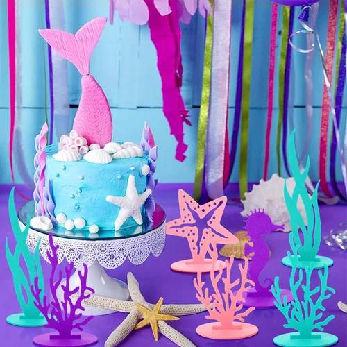 Vista 7 de Prasacco 22 piezas de decoraciones de cumpleaños de sirena, centro de mesa de fieltro, decoración de fiesta bajo el mar, caballito de mar, algas