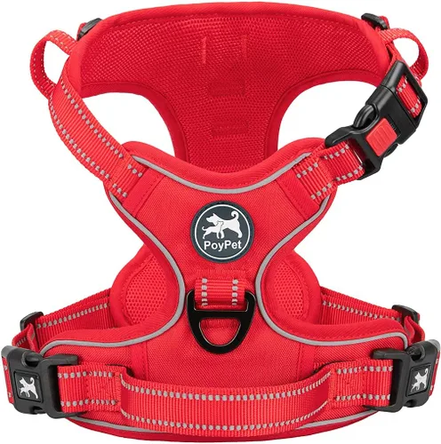 Vista 10 de PoyPet - Arnés para perro, sin tirones ni estrangulamiento, chaleco reflejante ajustable acolchado con enganche frontal y asa para fácil control