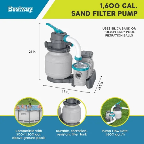 Vista 2 de Bestway Bomba de filtro de arena de 1,500 galones para piscinas al aire libre sobre el suelo de 300 a 11,200 galones con dispensador de agua limpia