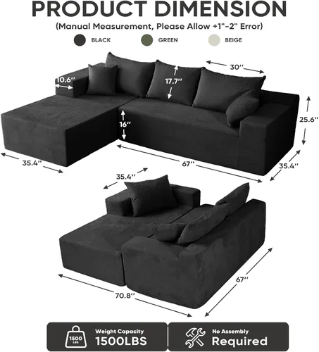 Vista 2 de Sofás seccionales negros para sala de estar, sofá sin estructura rígida con chaise en forma de L, sofá modular en caja con asiento profundo,