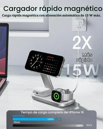 Vista 2 de Keepro Estación de carga 3 en 1 para dispositivo Apple, soporte de carga rápida inalámbrico magnético plegable compatible con MagSafe para iPhone