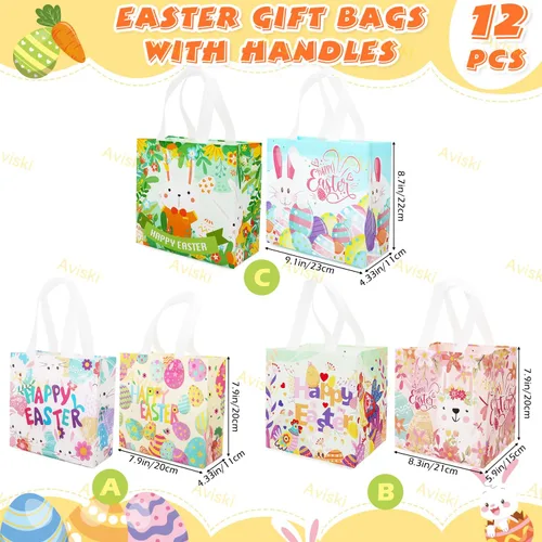 Vista 2 de Aviski 12 bolsas de caza de huevos de Pascua de varios tamaños, bolsa de regalo de huevos de gallina de zanahoria con asas, bolsas de regalo