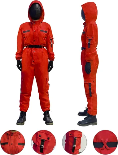 Vista 2 de Disfraz de calamar de Halloween para niños y niñas, juego de fiesta de cosplay para niños, conjunto deportivo de juego de rol, traje rojo