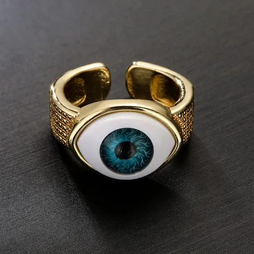 Vista 3 de Anillo de dedo chapado en oro de 18 quilates 3D con dije de mal de ojo para mujeres y hombres ajustable, resina, Acrílico