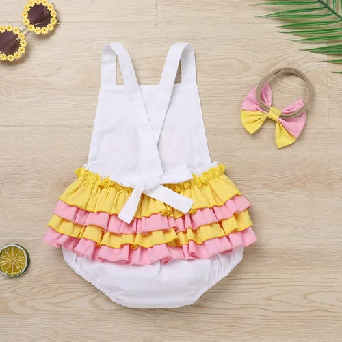 Vista 3 de IMEKIS Conjunto de ropa para bebé niña de primer cumpleaños con diadema de verano para sesión de fotos