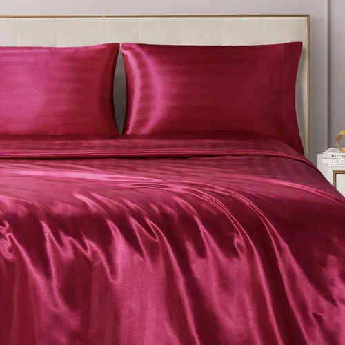 Vista 22 de Juicy Couture Juego de sábanas de satén de tamaño individual, juego de sábanas sedosas de bolsillo profundo con 1 sábana bajera, 1 sábana encimera