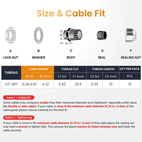 Vista 5 de QILIPSU Prensaestopas de nailon NPT de 1/2, impermeable, IP68 ajustable, para cable de 0.236-0.472 in de diámetro (1/2 NPT, 12 unidades)