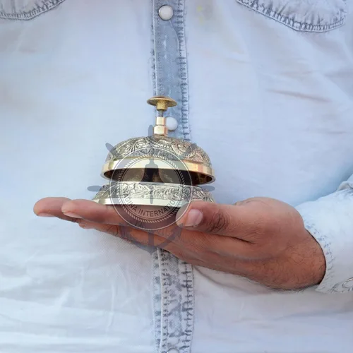 Vista 9 de Campana de escritorio clásica de latón macizo con obra de arte tradicional Campana de oficina de escritorio ruidosa Nagina International