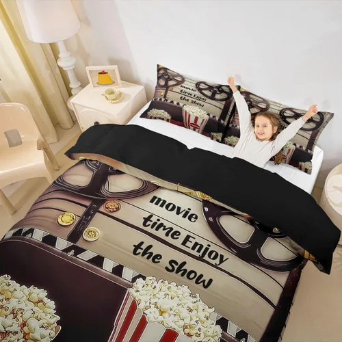 Vista 5 de Homewish Theater Cinema Poster Duvet Cover Set Twin Size,Retro Movie Bedding Sets 2Pcs for Kids Girls Boys Teens Room Decor,Popcorn Comforter Cover