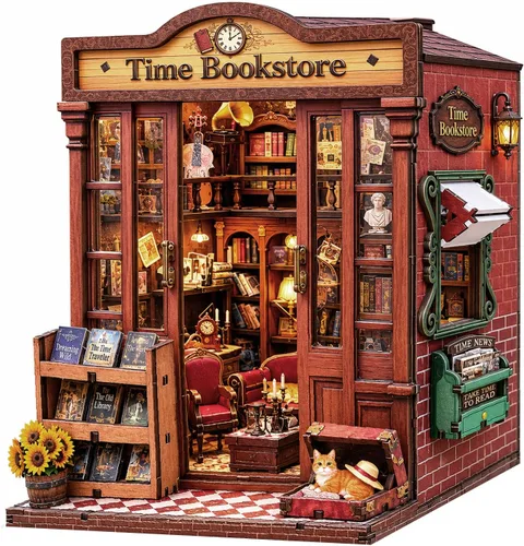 Vista 13 de Kit de rincón de libros, casa en miniatura con luces LED, rompecabezas de madera 3D para adultos, kit de construcción de mini casa de muñecas