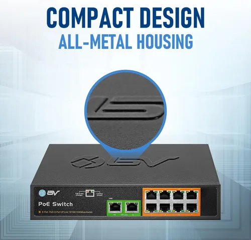 Vista 7 de BV -Tech 8 puertos Gigabit PoE+ con 2 Enthernet Uplink, 130W, 802.3af/at POE-SW802G