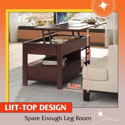 Vista 4 de WLIVE Mesa auxiliar elevable, mesa auxiliar de 39 pulgadas con cajones de almacenamiento, compartimento oculto, mesa central de madera para sala