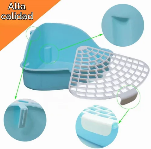 Vista 3 de Hamiledyi Caja de arena pequeña para conejo para jaula triangular, entrenador de orinal de esquina, conejo, inodoro, bandeja de plástico para Azul