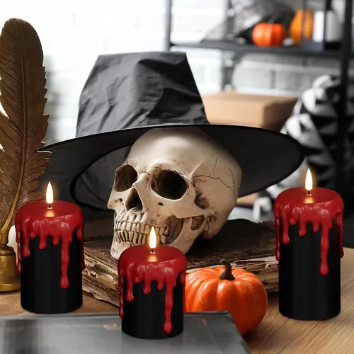 Vista 3 de Wondise Velas de Halloween sin llama con temporizador de 6 horas, velas LED negras de cera real que gotean a pilas, mecha 3D, parpadeante