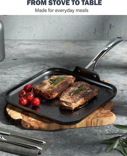 Vista 7 de Cooks Standard Sartén Parrilla Cuadrada Antiadherente de 11 x 11 Pulgadas, Sartén Parrilla de Utensilios de Cocina Anodizada Dura, Negra Hard
