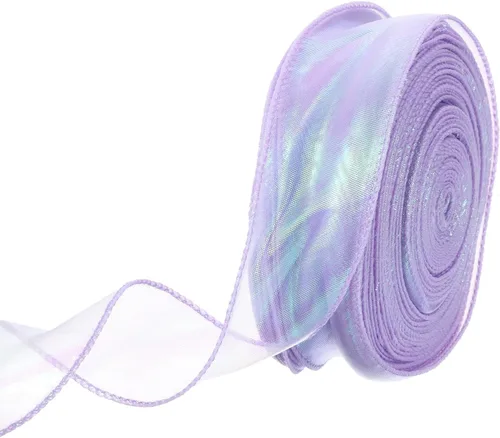 Vista 46 de MECCANIXITY - Cinta de organza con cable de 1 1/2" de ancho, brillante, transparente, con brillo irisado en tonos pastel, cinta de gasa para Beige