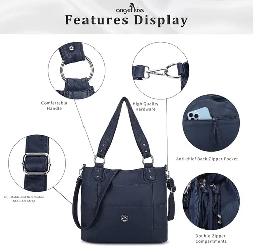Vista 6 de Angel Kiss Hobo - Bolsos de hombro para mujer, grandes, suaves, de piel sintética lavada, a rayas, bolsos cruzados