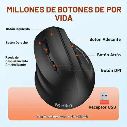 Vista 5 de MEETION Ratón vertical ergonómico inalámbrico zurdo, recargable - negro Bluetooth dual 5.2/3.0 + USB, iluminación RGB, 4 DPI ajustables