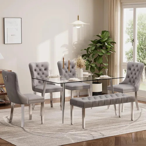 Vista 74 de Baysitone Juego de mesa de comedor de cristal de 51 pulgadas para 4, juego de 5 piezas de comedor moderno, mesa de cocina rectangular de vidrio