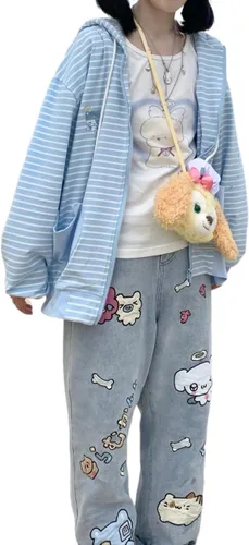 Vista 4 de Sudadera con capucha y cremallera de rayas azules con estampado de gato japonés Kawaii para mujer, abrigo dulce y lindo
