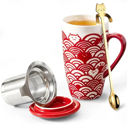 Vista 12 de Taza de té de cerámica con tapa, infusor y cuchara, 16 onzas Verde (Green Christmas)
