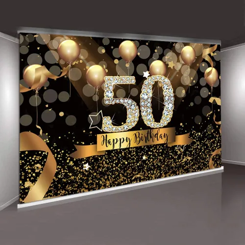 Vista 3 de Sensfun Fondo de fotografía para fiesta de cumpleaños número 50 de 7 x 5 pies, con purpurina, globos negros y dorados para mujer, fabulosa