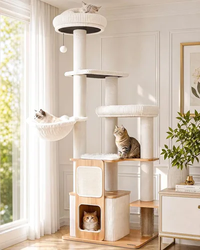 Vista 11 de Árbol de gato resistente de 63 pulgadas para gatos de interior, torre resistente para gatos grandes con poste rascador, percha superior de felpa