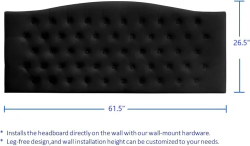 Vista 2 de 24KF 6058-Q - Cabecera tapizada de terciopelo con botones para montar en la pared, cómoda y a la moda, tamaño Queen/Matrimonial, color negro