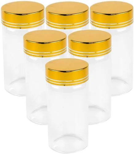 Vista 12 de 6 botellas de vidrio transparente de 1.7 fl oz con tapa de aluminio dorado, adecuadas para recepción de cocina, azafrán, té, almacenamiento