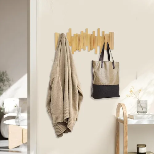 Vista 3 de MinBoo Perchero de bambú con múltiples ganchos, moderno, único, que ahorra espacio con 4 ganchos abatibles para colgar abrigos, decoraciones