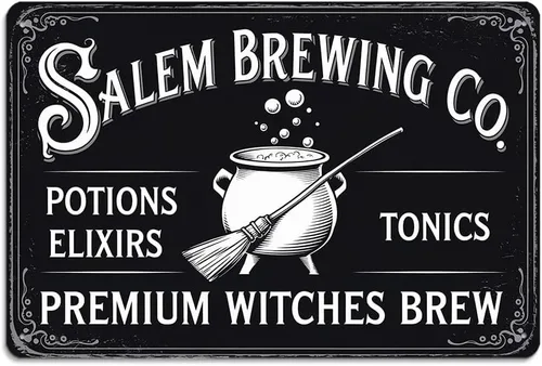 Vista 8 de Letrero de metal vintage con texto en inglés «Witches Brew Potion Shop», 8 x 12 pulgadas, diseño de bruja gótica, para porche, pubs, cafetería