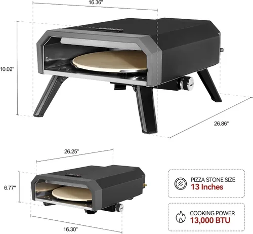 Vista 2 de Horno de pizza para exteriores con piedra de pizza de 13 pulgadas, 13,000 BTU, máquina portátil de pizza de gas propano con patas plegables
