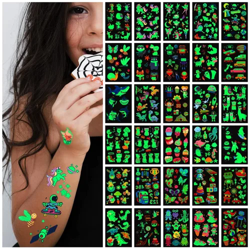 Vista 7 de Awinmay 310 piezas de tatuajes temporales luminosos para niños, estilos mixtos de tatuajes que brillan en la oscuridad para niños y niñas, pegatinas