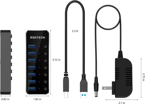 Vista 7 de RSHTECH Hub USB 3.0, expansor de concentrador USB de 7 puertos alimentado de aluminio con adaptador universal de CA de 5 V e interruptores