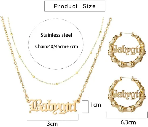 Vista 6 de Aretes de aro de bambú para mujer, de acero inoxidable, estilo de letra inglesa, estilo de los años 8090, accesorio para disfraz, conjunto de joyas