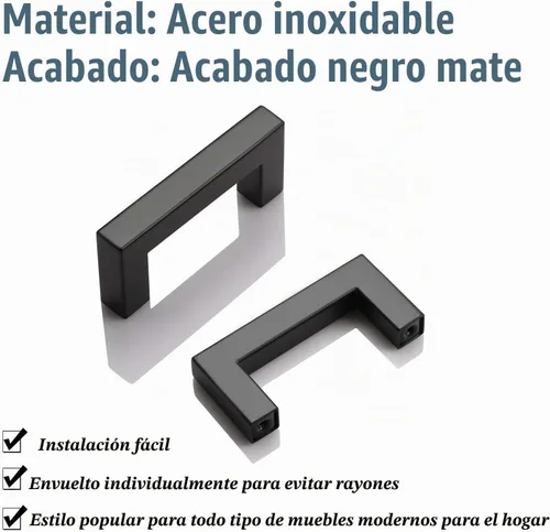 Vista 5 de Juego de manijas de puerta de acero inoxidable de 1/2 de ancho, esquinas cuadradas, para armario de cocina Negro mate