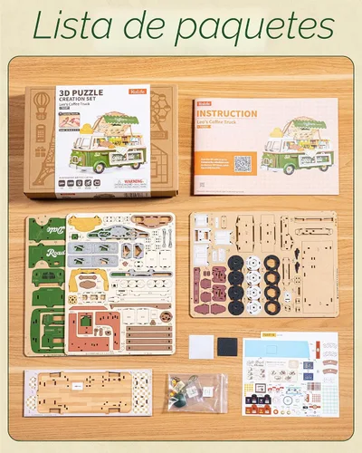Vista 6 de Rolife Rompecabezas de madera 3D para adultos, camión de café Leo vintage, kit de modelo de madera para bricolaje, juego de construcción de Camión