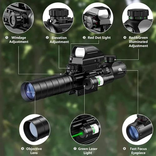 Vista 2 de MidTen 3-9x32 Combo de mira con ópticas iluminadas duales y retícula holográfica con punto rojo/verde & mira láser IIIA/2MW, mira telemétrica