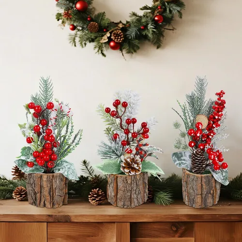 Vista 4 de winemana Paquete de 3 mini decoraciones de mesa de árboles de Navidad, centros de mesa de árbol de Navidad artificiales pequeños de 11.5 pulgadas