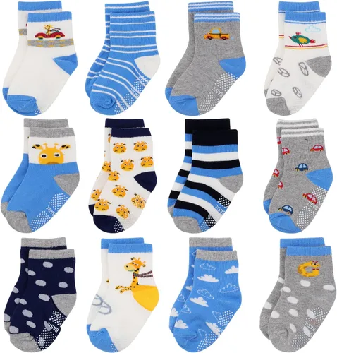 Vista 9 de Calcetines antideslizantes para bebé, 12 pares de calcetines de agarre de algodón, calcetines de agarre para bebé niño