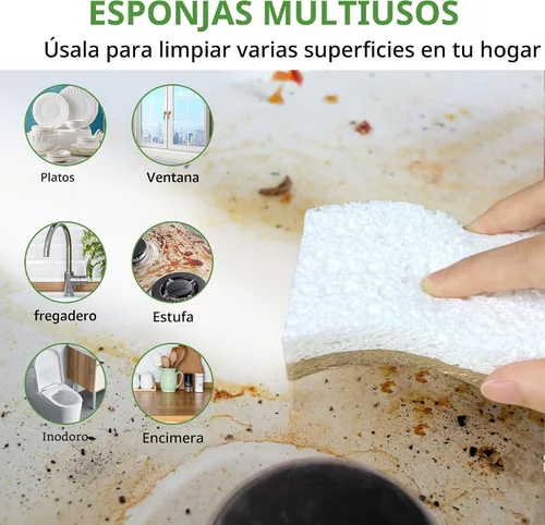 Vista 6 de Paquete de 9 esponjas de cocina naturales biodegradables – Esponja compostable de celulosa y nuez de coco – Esponjas ecológicas sostenibles