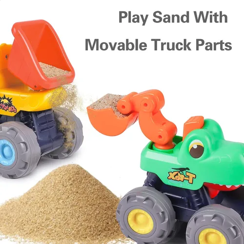 Vista 3 de iPlay, iLearn Juguete de camión monstruo de dinosaurio de 3 piezas, auto de tracción para bebé, camiones de construcción de dinosaurios Push Go