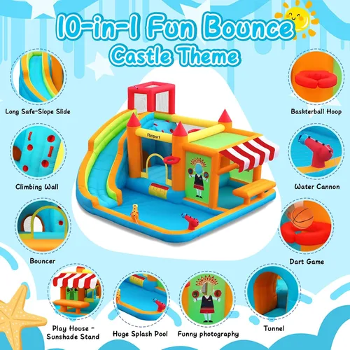 Vista 3 de FBSPORT - Casa inflable de rebote con tobogán acuático, casa de rebote para niños con soporte de juguete, piscina de salpicaduras, pared de Naranja