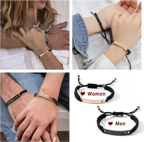 Vista 2 de Pulseras personalizadas con nombre para parejas, pulseras ajustables de acero inoxidable grabadas personalizadas, regalo para hombres, mujeres